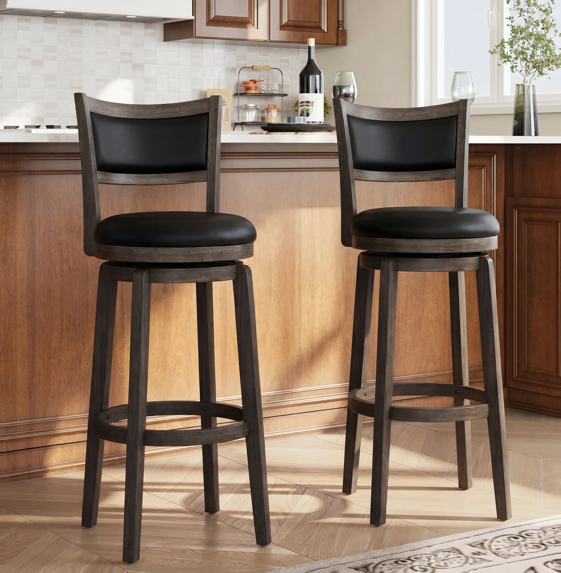 Swivel Bar Stools with Black Faux Leather(Set of 2) – PrimeZone