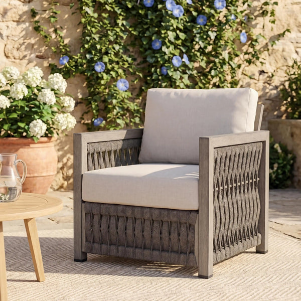 Patio Rope Weave Outdoor Armchair with Washable Cushions, Deep Seating Sofa Chair, Gray Oak