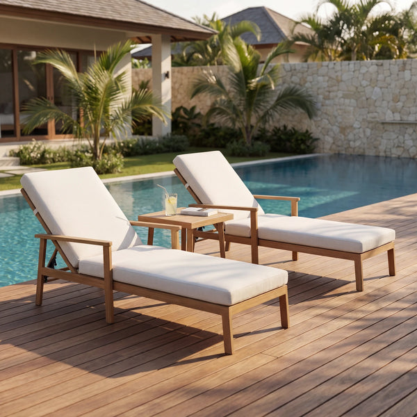 Aluminum Outdoor Adjustable Chaise Lounge with Grey Cushion, Teak