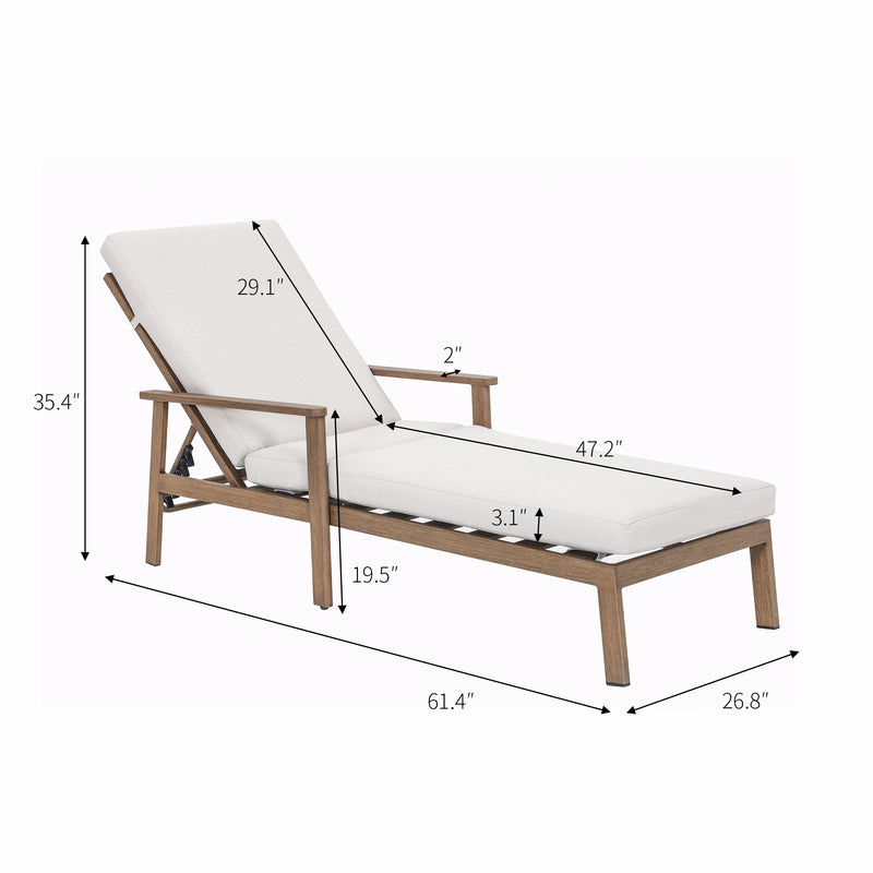Aluminum Outdoor Adjustable Chaise Lounge with Grey Cushion, Teak Size Guide