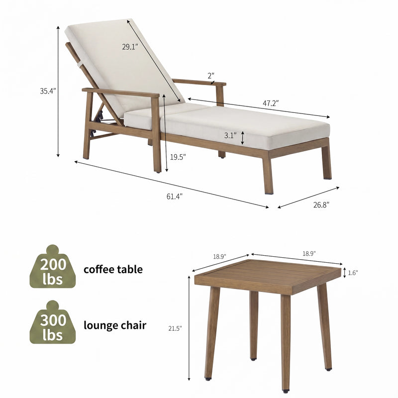 Aluminum Outdoor Adjustable Chaise Lounge with Grey Cushion, Teak Size Guide