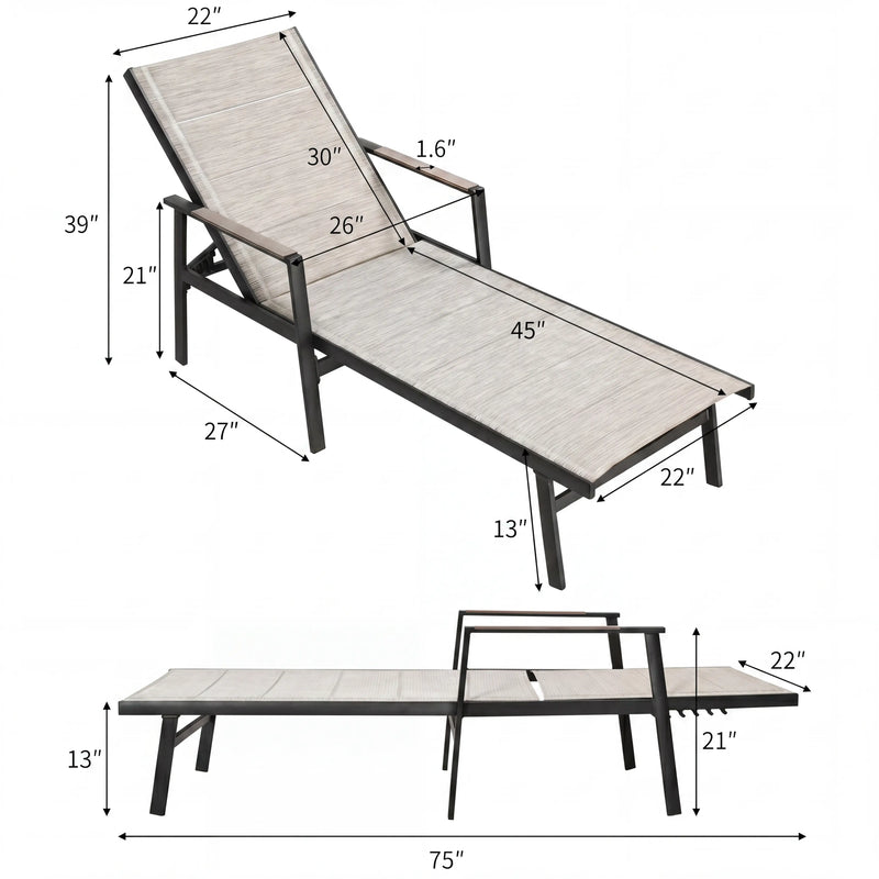 Aluminum Outdoor Chaise Lounge Chair with 6-Position Adjustable Backrest Size Guide