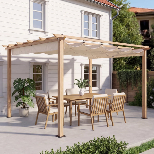10'x13' Outdoor Wood-Look Aluminum Pergola with Retractable Canopy, Beige