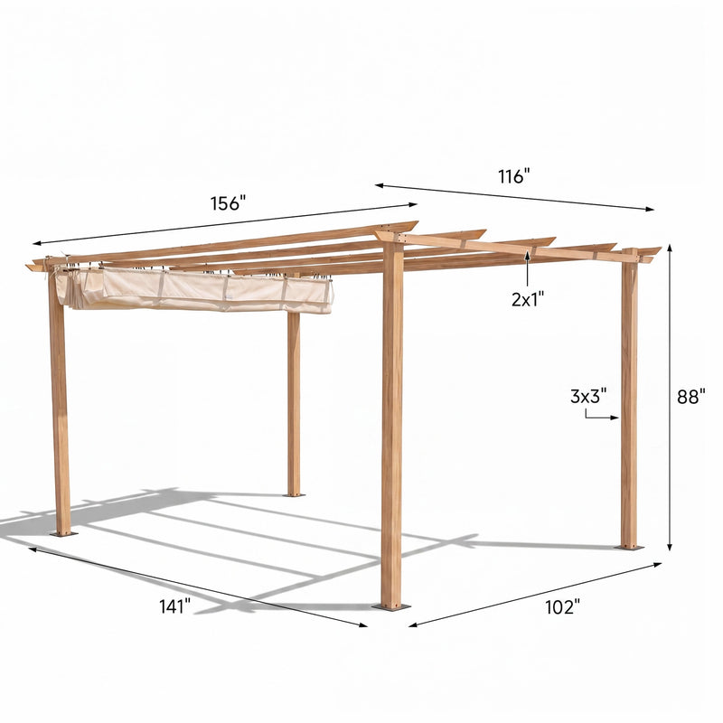10'x13' Outdoor Wood-Look Aluminum Pergola with Retractable Canopy, Beige Size Guide