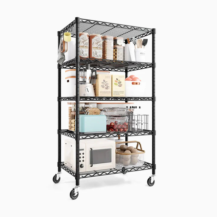 PrimeZone 24"W Height Adjustable Wire Shelf with Wheels, Black 