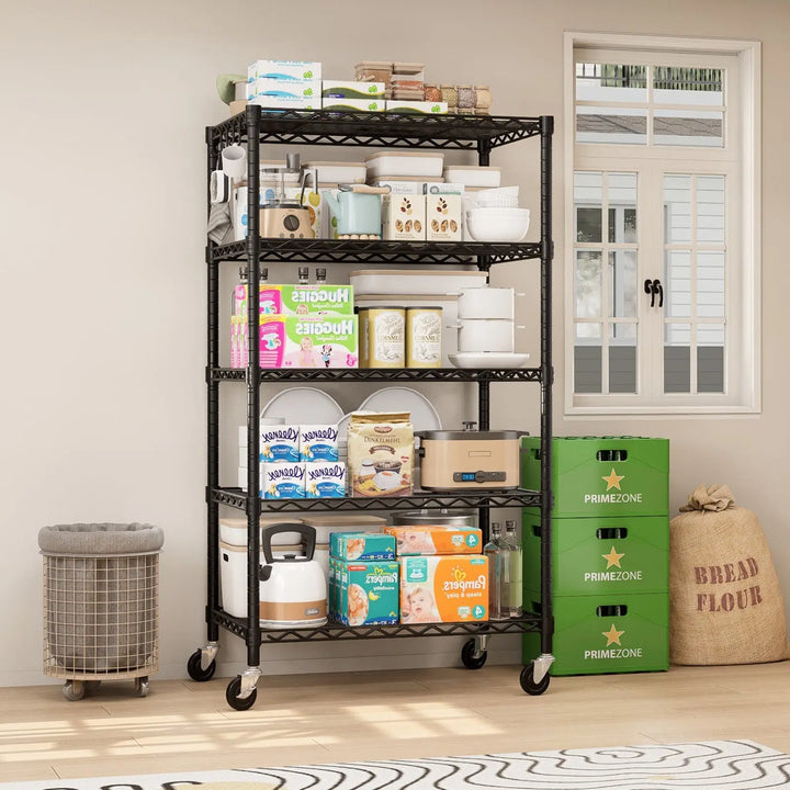 PrimeZone 24"W Height Adjustable Wire Shelf with Wheels, Black 