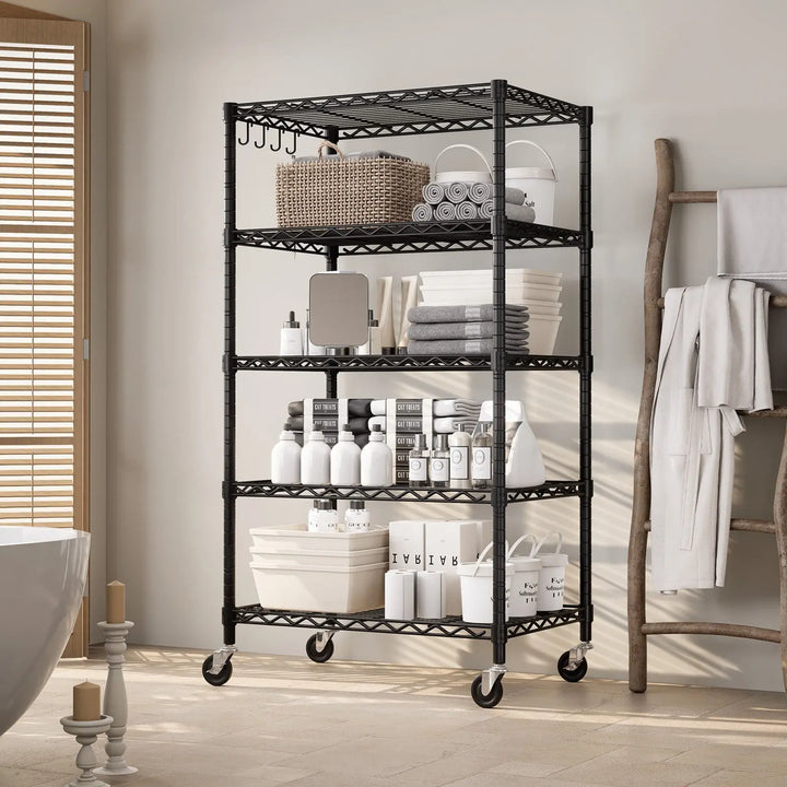 PrimeZone 24"W Height Adjustable Wire Shelf with Wheels, Black 