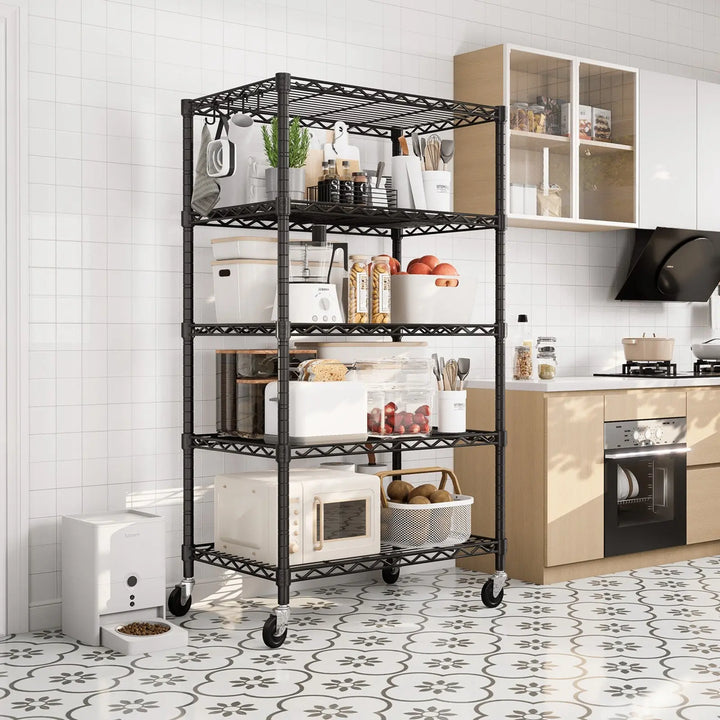 PrimeZone 24"W Height Adjustable Wire Shelf with Wheels, Black 
