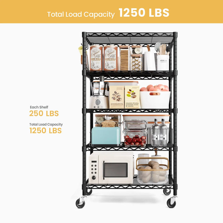 PrimeZone 24"W Height Adjustable Wire Shelf with Wheels, Black 