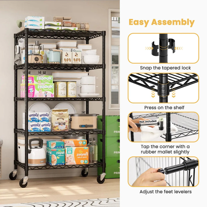 PrimeZone 24"W Height Adjustable Wire Shelf with Wheels, Black 