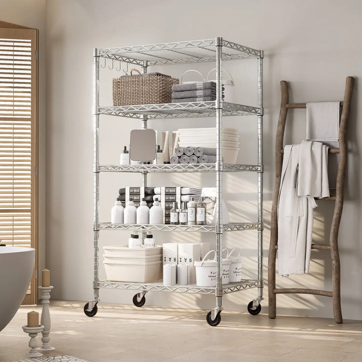 PrimeZone 24"W Height Adjustable Wire Shelf with Wheels, Slivery 