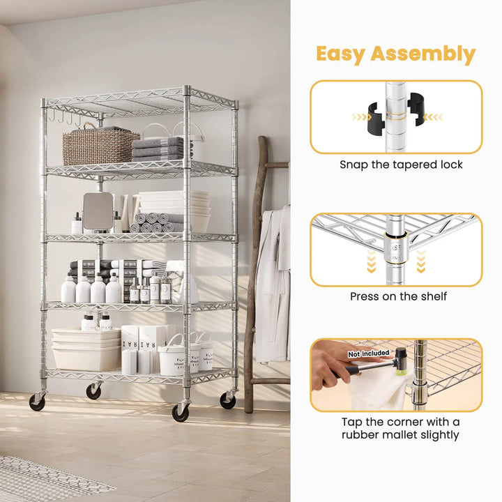 PrimeZone 24"W Height Adjustable Wire Shelf with Wheels, Slivery 