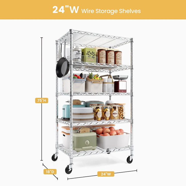 PrimeZone 24"W Height Adjustable Wire Shelf with Wheels, Slivery 