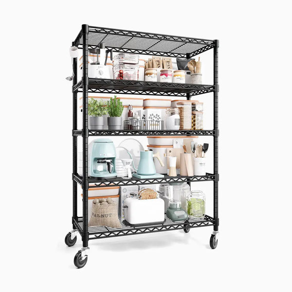 PrimeZone 5 Tier 36"W Adjustable Wire Storage Shelving with Wheels, Black 