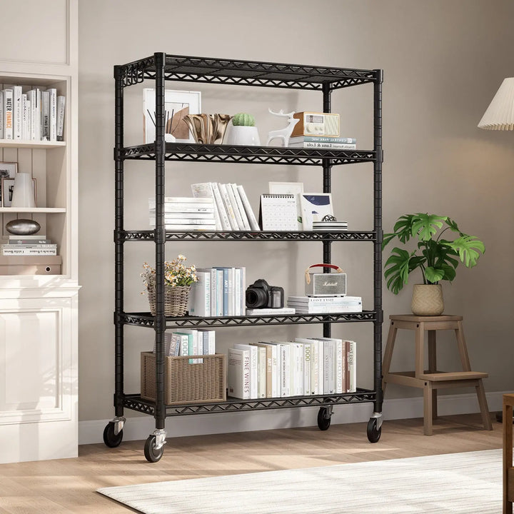 PrimeZone 5 Tier 36"W Adjustable Wire Storage Shelving with Wheels, Black 