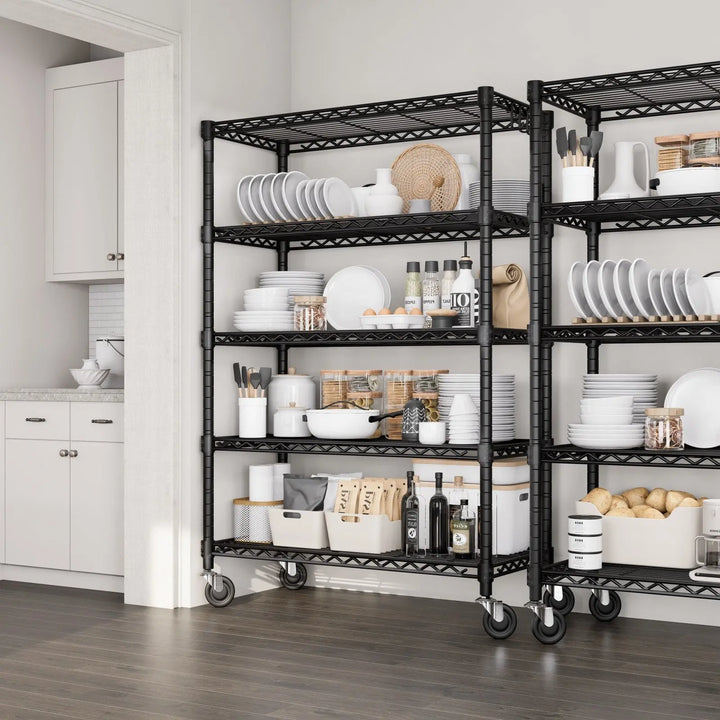 PrimeZone 5 Tier 36"W Adjustable Wire Storage Shelving with Wheels, Black 