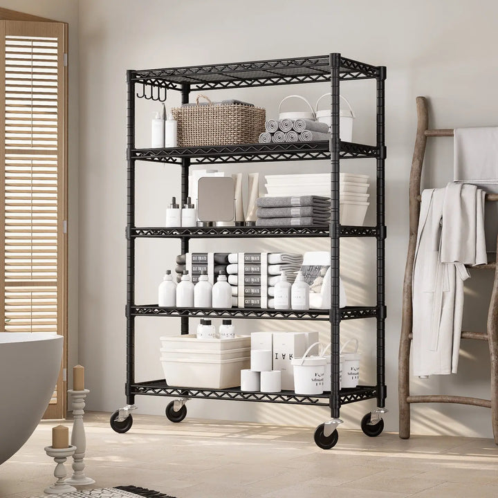 PrimeZone 5 Tier 36"W Adjustable Wire Storage Shelving with Wheels, Black 