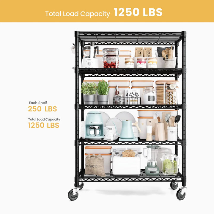 PrimeZone 5 Tier 36"W Adjustable Wire Storage Shelving with Wheels, Black 
