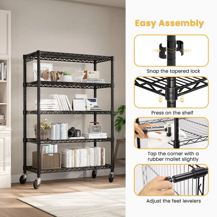 PrimeZone 5 Tier 36"W Adjustable Wire Storage Shelving with Wheels, Black 