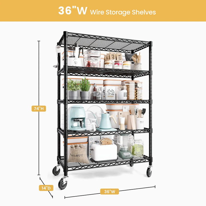 PrimeZone 5 Tier 36"W Adjustable Wire Storage Shelving with Wheels, Black 
