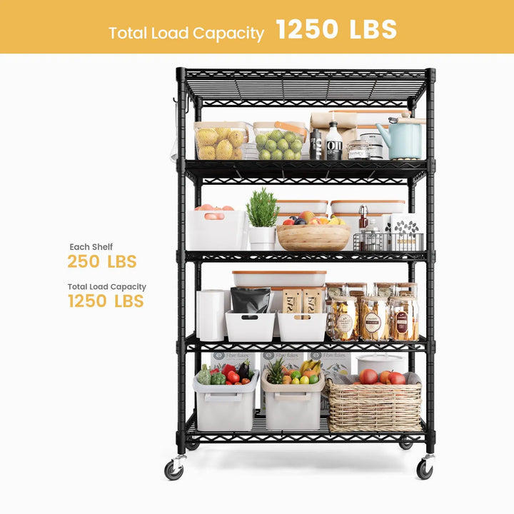 PrimeZone 5 Tier Adjustable Wire Shelving with Wheels, 36"W x 16"D x 79"H 