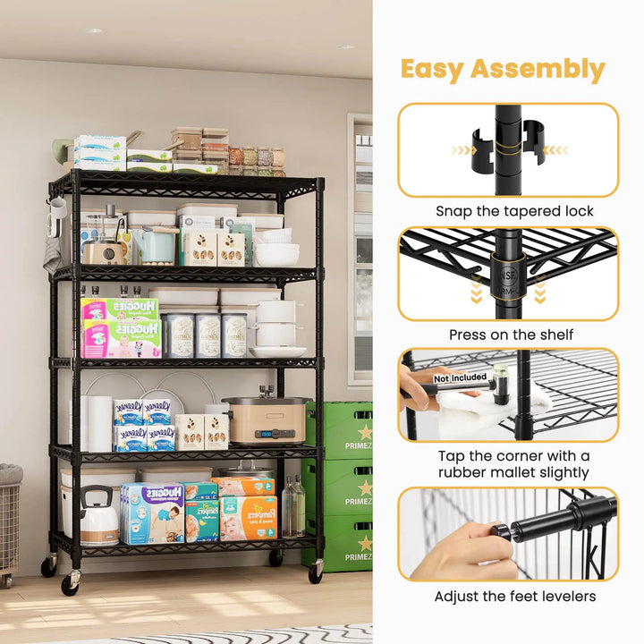 PrimeZone 5 Tier Adjustable Wire Shelving with Wheels, 36"W x 16"D x 79"H 