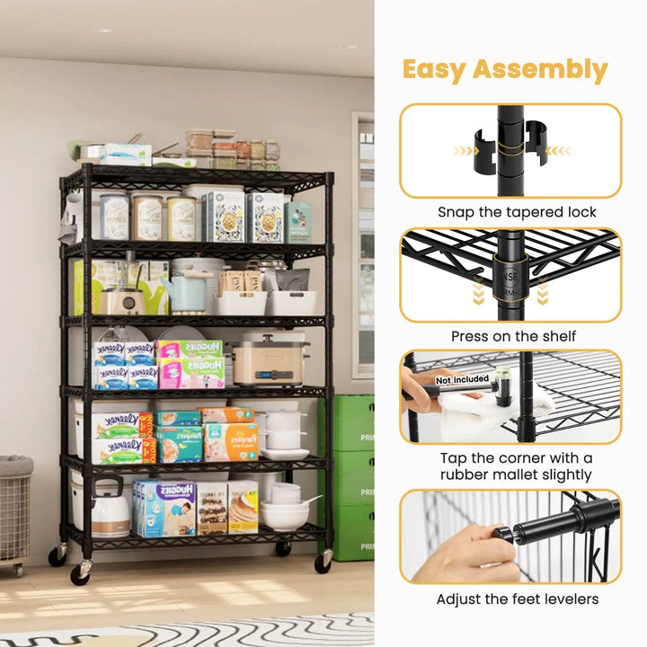 PrimeZone 6 Tier Adjustable Wire Shelving with Wheels, 36"W x 16"D x 79"H 