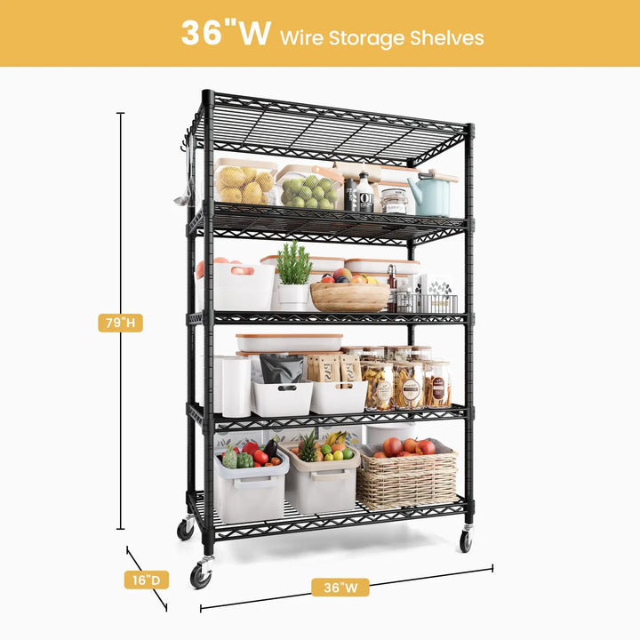 PrimeZone 5 Tier Adjustable Wire Shelving with Wheels, 36"W x 16"D x 79"H 