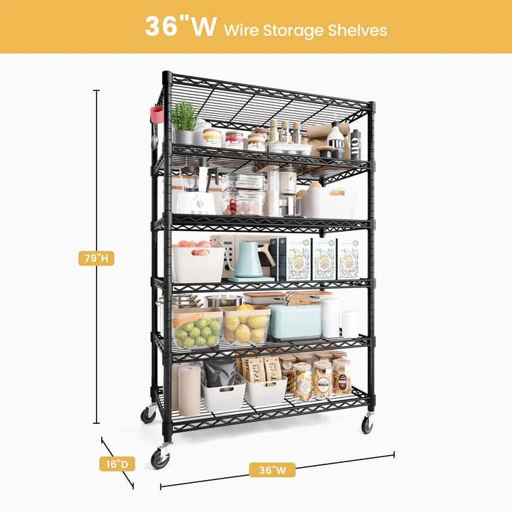 PrimeZone 6 Tier Adjustable Wire Shelving with Wheels, 36"W x 16"D x 79"H 