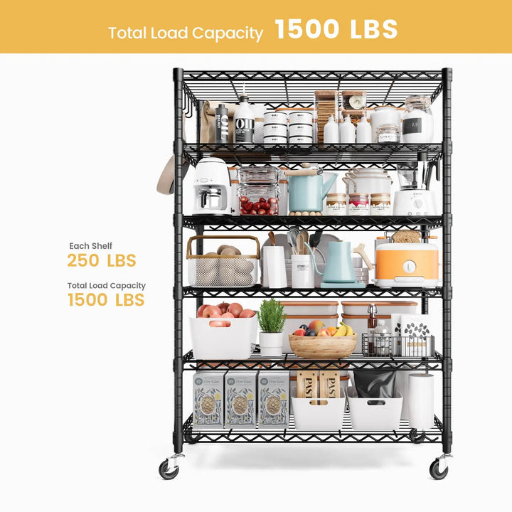 PrimeZone 6 Tier Adjustable Wire Shelving with Wheels, 36"W x 18"D x 78"H 