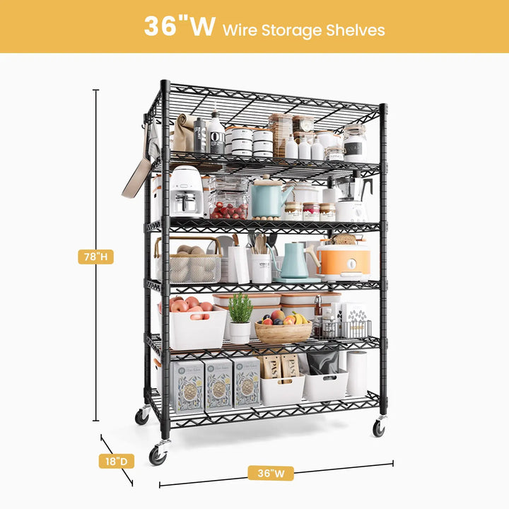 PrimeZone 6 Tier Adjustable Wire Shelving with Wheels, 36"W x 18"D x 78"H 