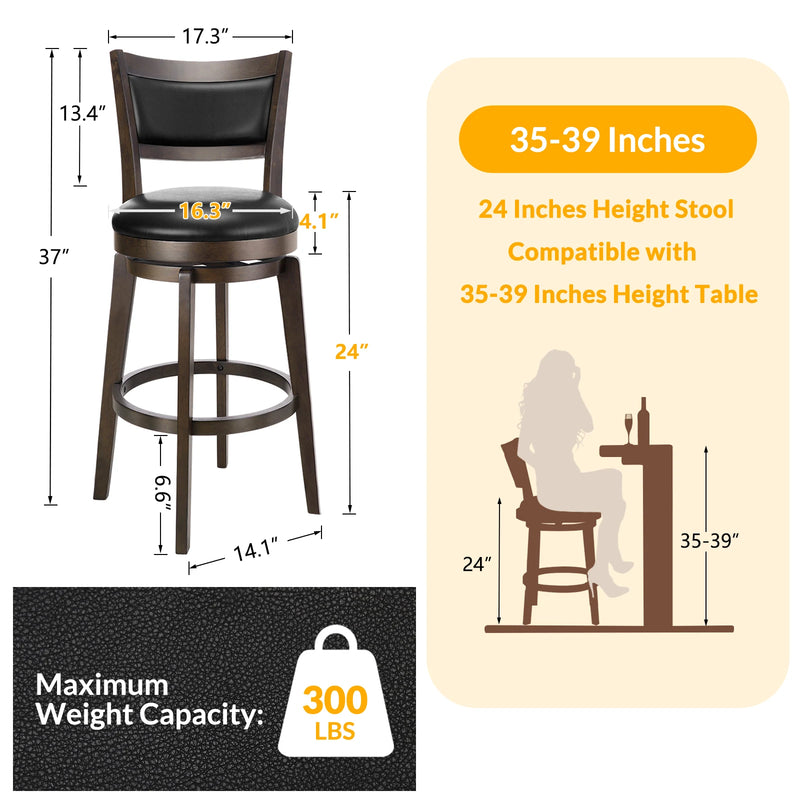 Swivel Bar Stools with Black Faux Leather(Set of 2) Size Guide