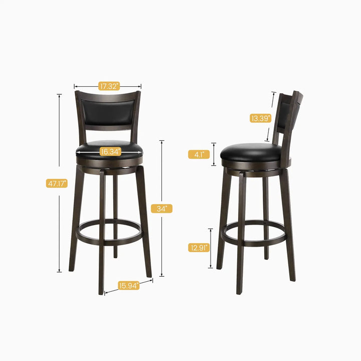PrimeZone Swivel Bar Stools with Black Faux Leather(Set of 2) 
