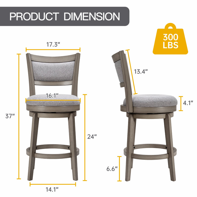 Modern High-Back Swivel Bar Stools (Set of 2) - Grey Size Guide