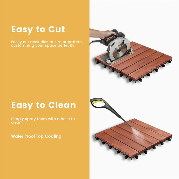 PrimeZone Interlocking Deck Tiles 27 PCS, 12" x 12" Solid Acacia Wood 