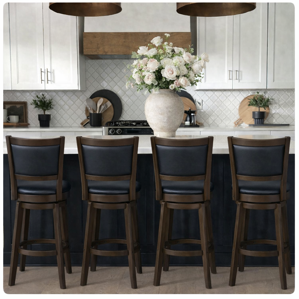 Swivel Bar Stools with Black Faux Leather(Set of 2)