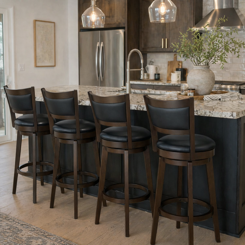 Swivel Bar Stools with Black Faux Leather(Set of 2)