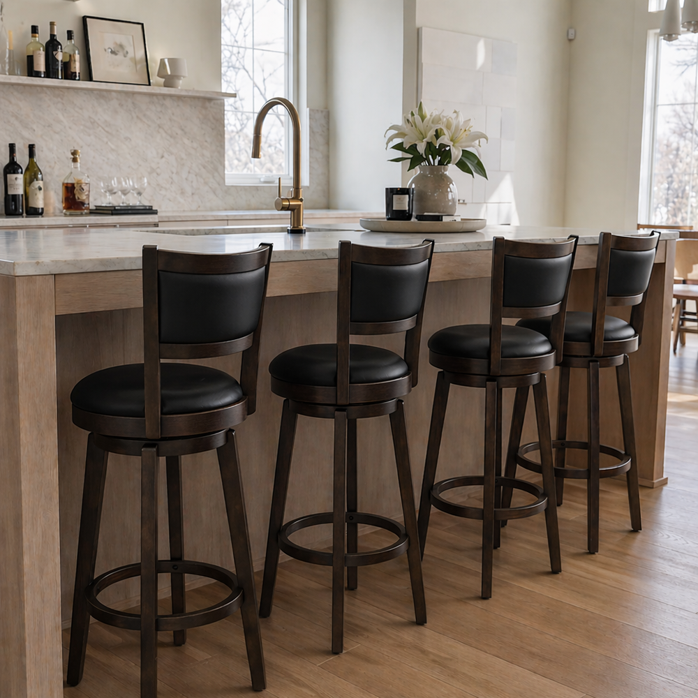 Swivel Bar Stools with Black Faux Leather(Set of 2)