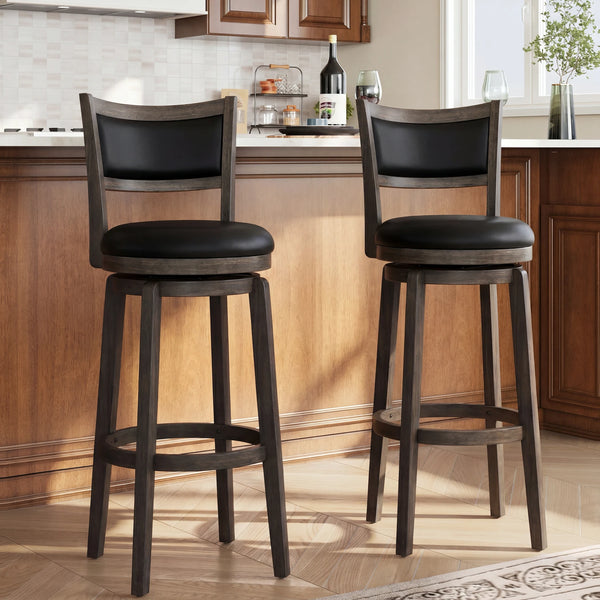 Swivel Bar Stools with Black Faux Leather(Set of 2)