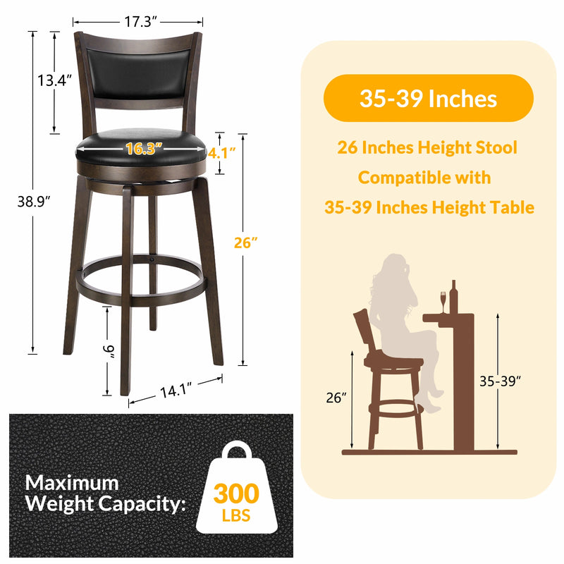 Swivel Bar Stools with Black Faux Leather (Set of 2) Size Guide