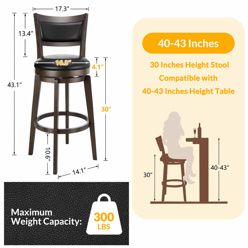 Swivel Bar Stools with Black Faux Leather(Set of 2) Size Guide