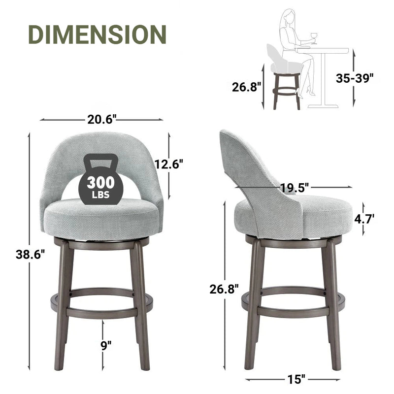 Velvet Swivel Counter & Bar Stools with Back (set of 2) Grey Green Size Guide