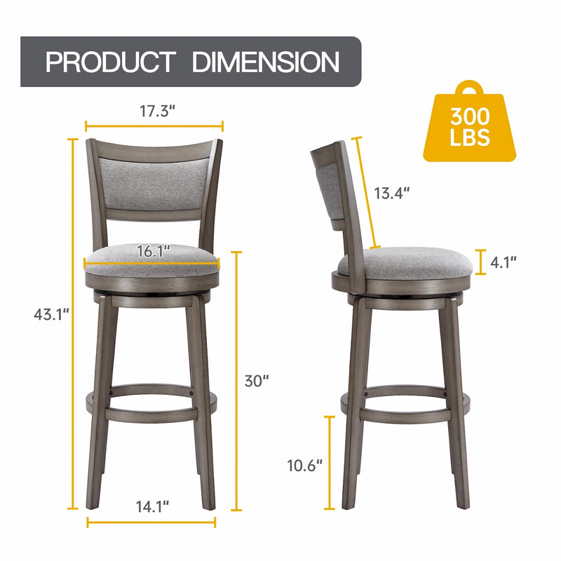 Modern High-Back Swivel Bar Stools (Set of 2) - Grey Size Guide