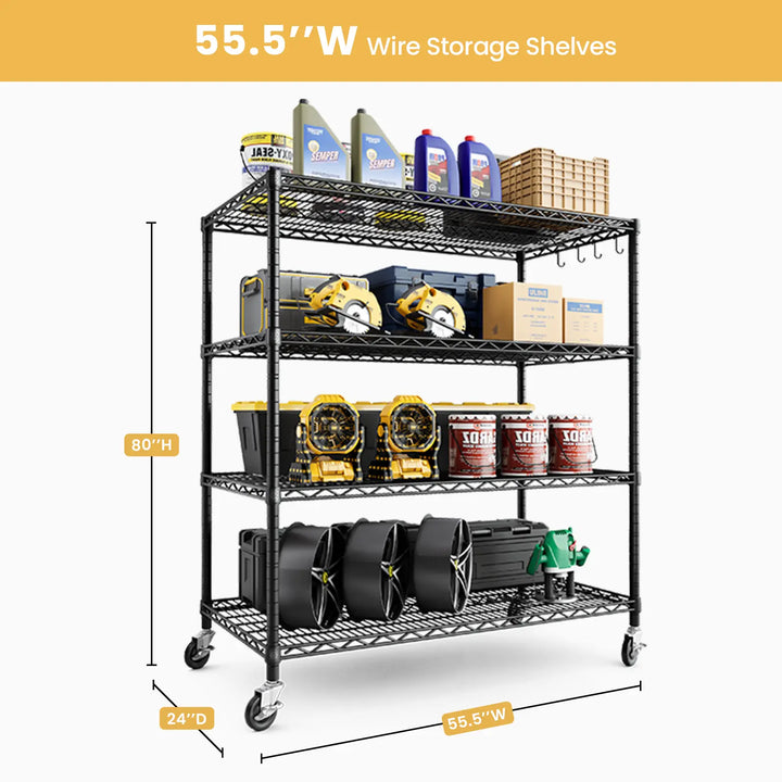 PrimeZone 55.5"W Heavy Duty Wire Shelving with Wheels 