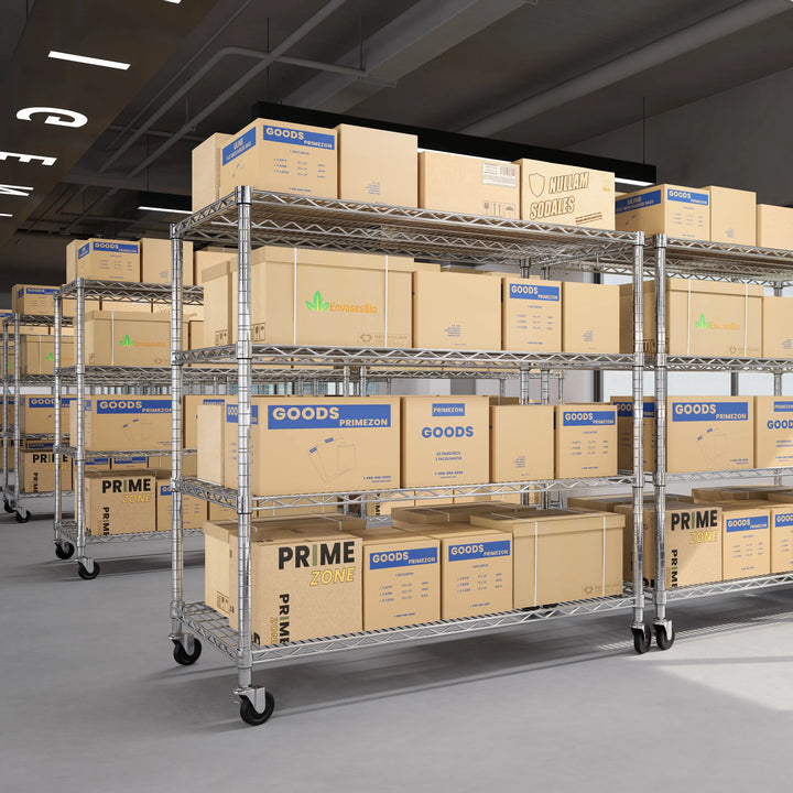PrimeZone 55.5"W Heavy Duty Wire Shelving with Wheels, Slivery 
