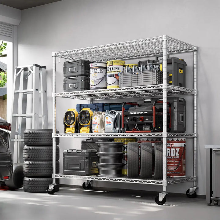 PrimeZone 55.5"W Heavy Duty Wire Shelving with Wheels, Slivery 