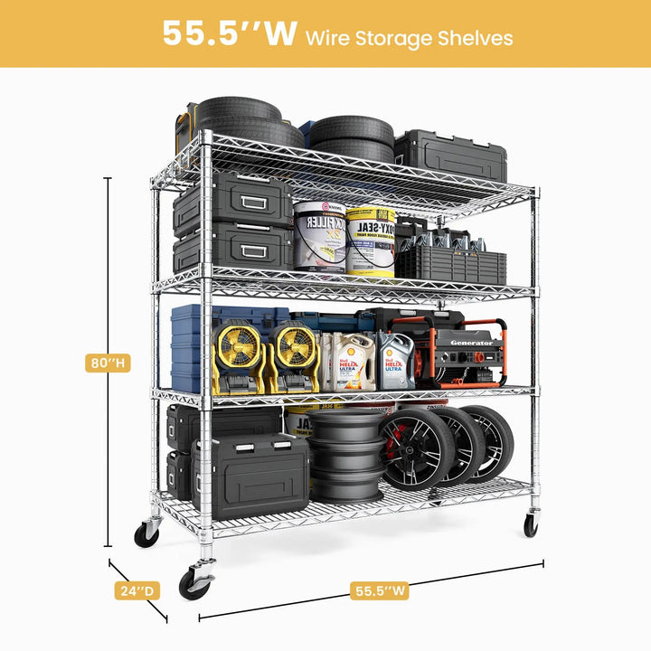 PrimeZone 55.5"W Heavy Duty Wire Shelving with Wheels, Slivery 