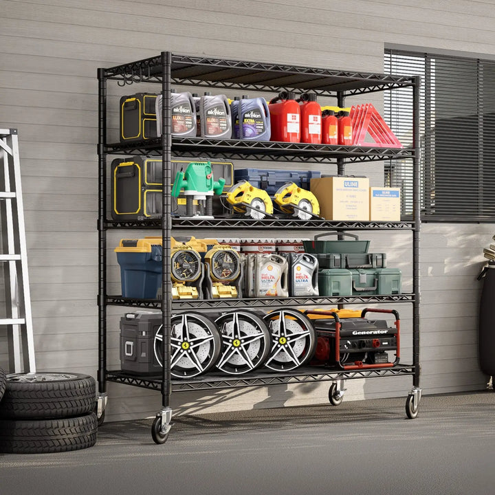 PrimeZone 48"W 3000LBS Heavy Duty Wire Shelving with Wheels, Black 