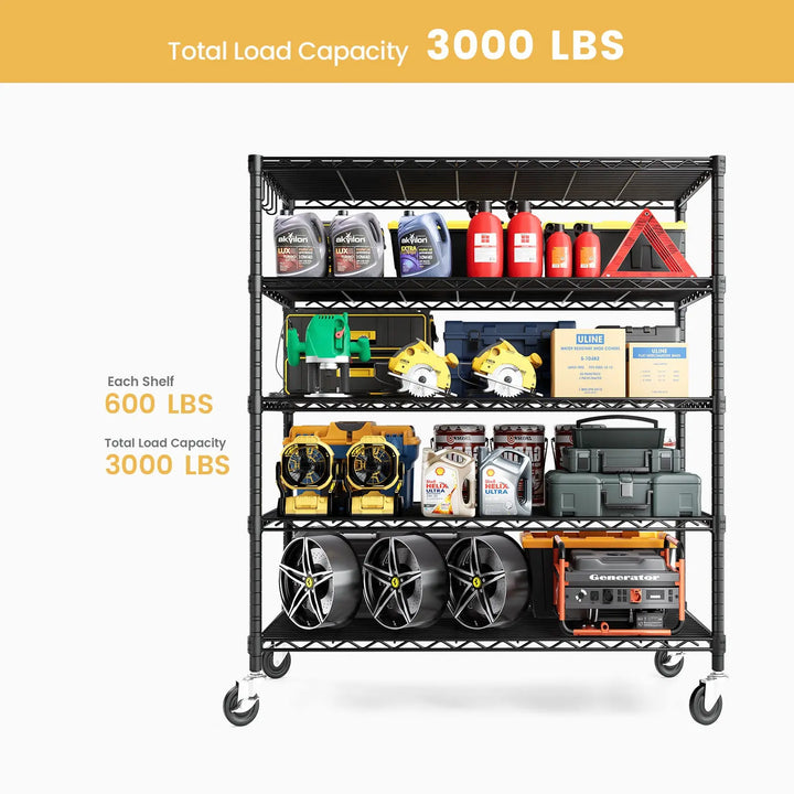 PrimeZone 48"W 3000LBS Heavy Duty Wire Shelving with Wheels, Black 