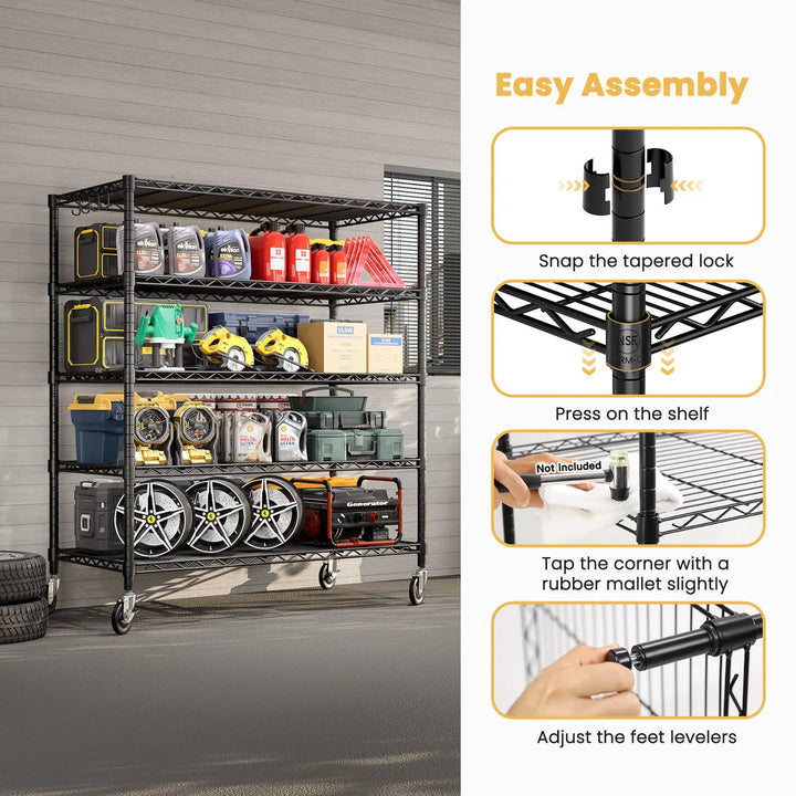PrimeZone 48"W 3000LBS Heavy Duty Wire Shelving with Wheels, Black 